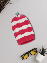 Little Angels Little Angels Baby Wool Striped Pull-On Beanie Cap with Pom Pom For Baby Boys and Girls Cap, Socks & Mittens Handcrafted Striped Winter Beanie 0-3M / Fuchsia & White / Baby Wool